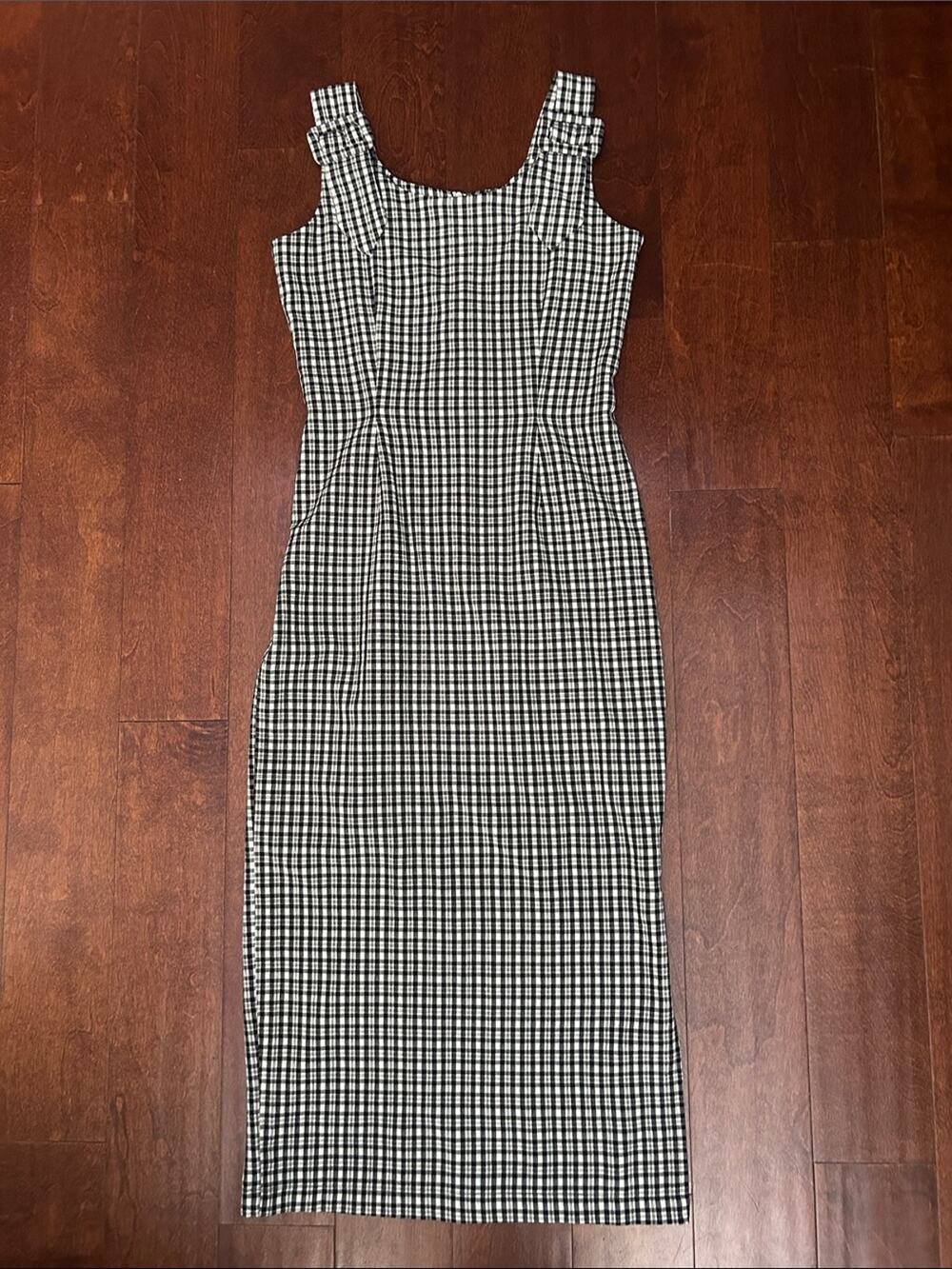 Adorable Vintage Long Black & White Gingham Dress w/ Wide Buckle Straps, Size 4